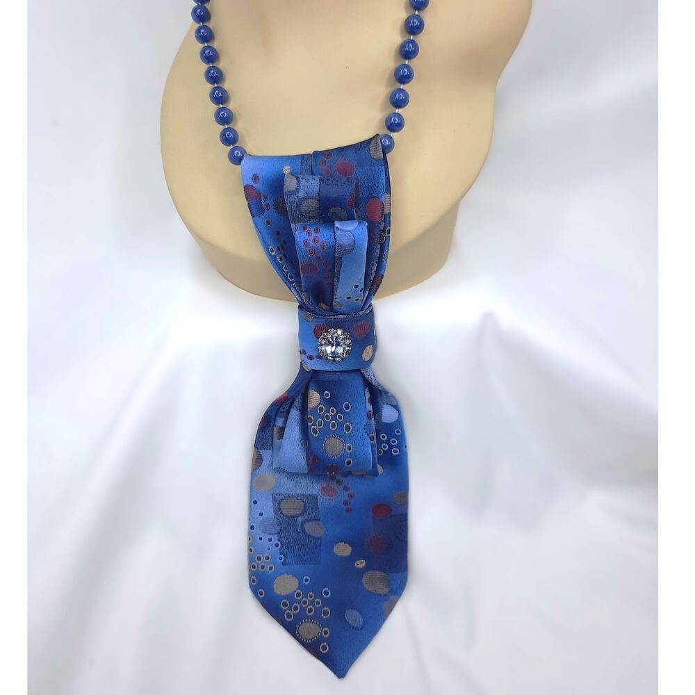 Artisan Vintage Tie Pendant Beaded Necklace Wembley Bright Blue Abstract Upcycle